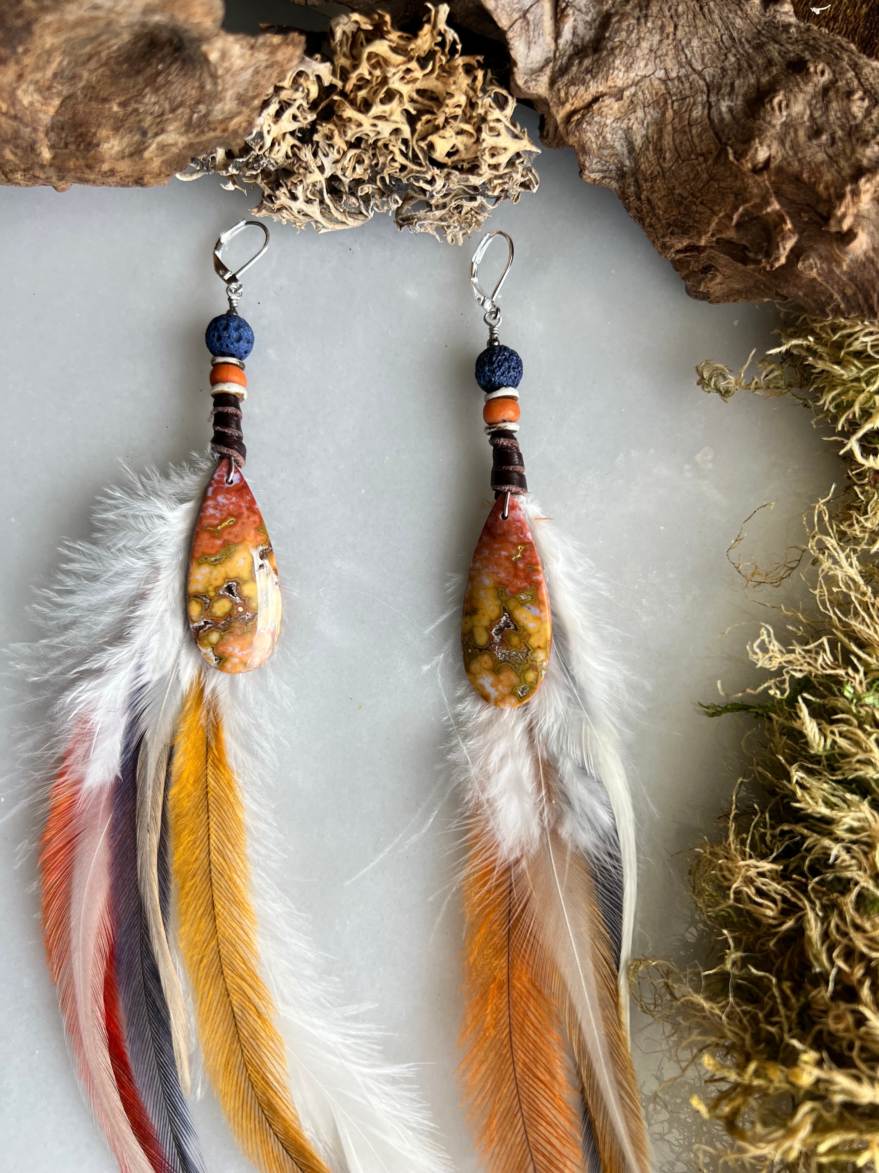 Earrings selling -- BIRDS OF PARADISE, made to order, long feathers, green, yellow by The Sausage